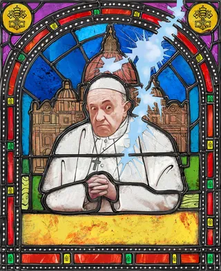 Stained glass of Pope Francis with St. Peter's Basilica by Bob Venables