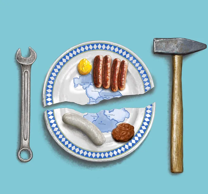 Illustration of broken plate with sausages and baked beans, a wrench, and hammer by Bob Venables
