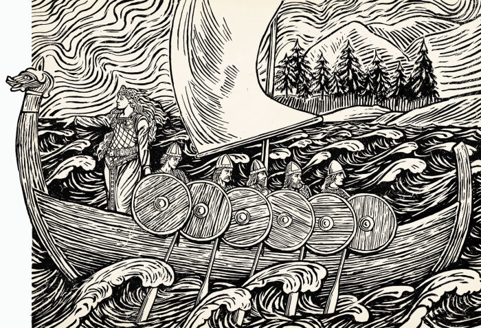 Soldiers in ship wood cut art