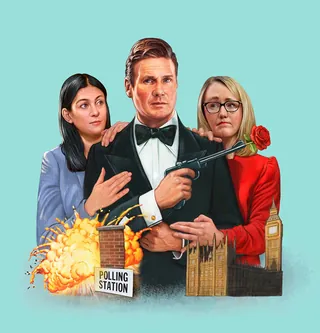 Man in tuxedo with gun and two women, polling station explosion, clock tower by Bob Venables