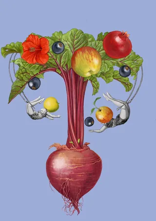Surreal beetroot with fruits and birds by Bob Venables