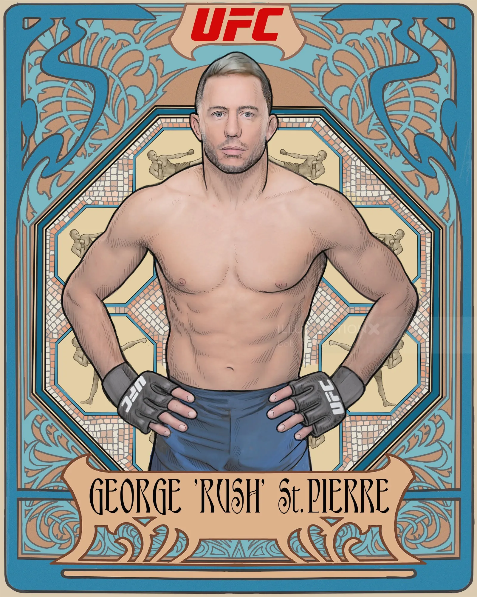 Illustrated UFC portrait of George 'Rush' St. Pierre by Bob Venables