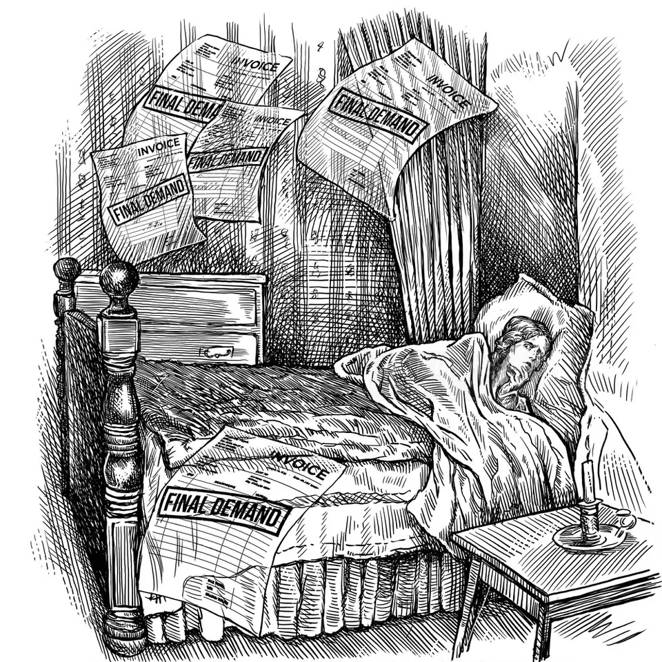 Man sleeping in bed covered with final demand letters on bed and wall.
