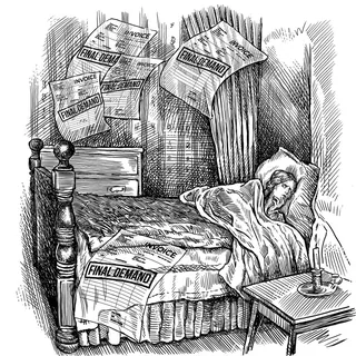 Man sleeping in bed covered with final demand letters on bed and wall.