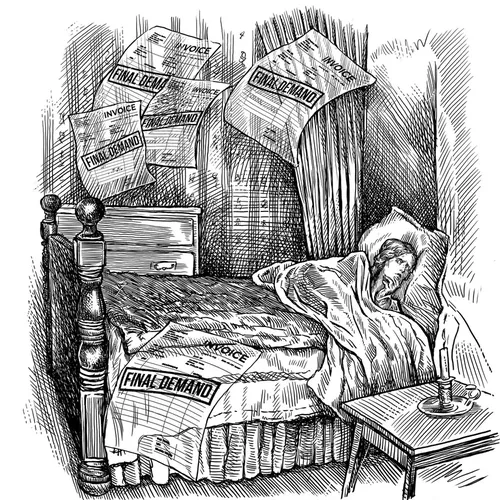 Man sleeping in bed covered with final demand letters on bed and wall.
