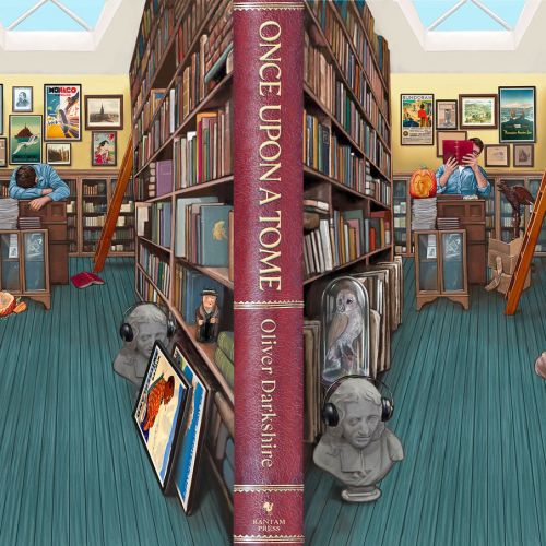 Library aisle with bookshelves, art busts, paintings, and a large central book.