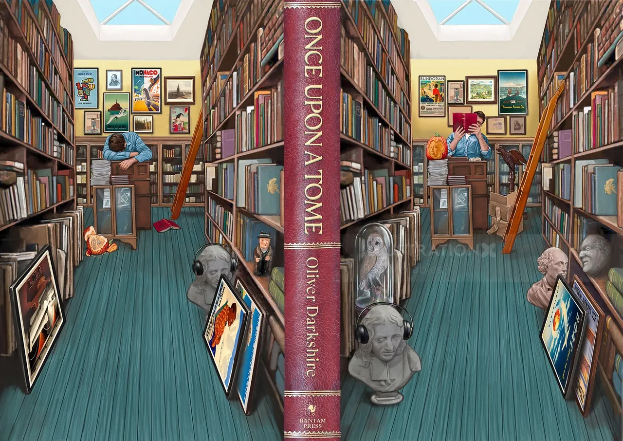Library aisle with bookshelves, art busts, paintings, and a large central book.