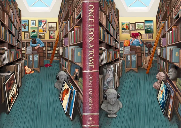 Library aisle with bookshelves, art busts, paintings, and a large central book.