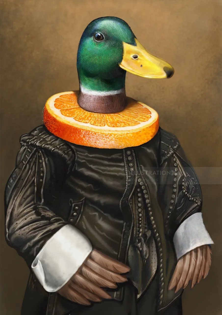 Duck head with orange collar and human hands wearing vintage outfit