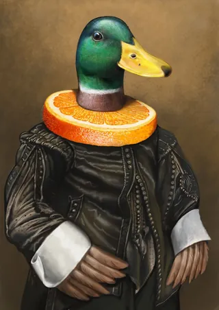 Duck head with orange collar and human hands wearing vintage outfit