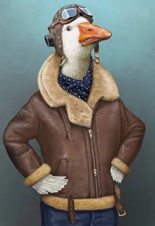 Goose wearing aviator jacket, scarf, goggles and pilot cap