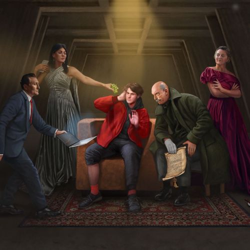 Fünf Personen in Vintage-Kleidung mit intensiven, dramatischen Posen im Dämmerlicht