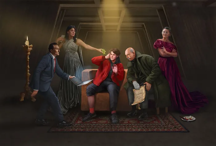 Five people in vintage clothes with intense dramatic poses in dim light