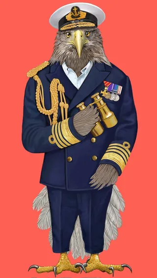 Eagle in navy uniform holding binoculars with medals