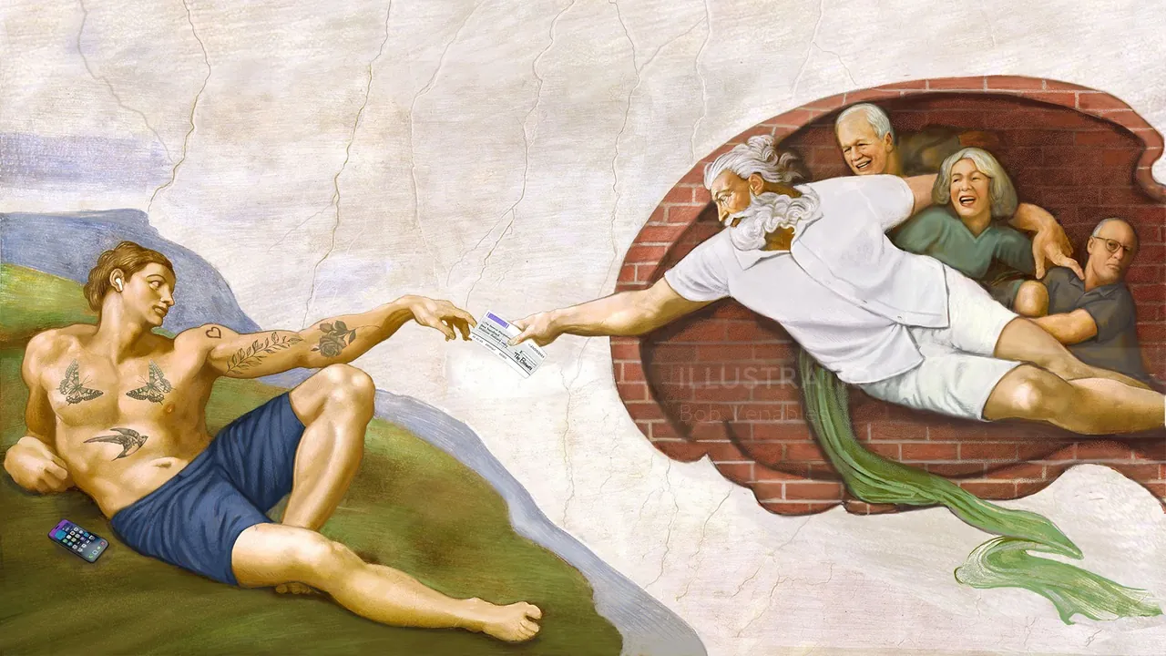 Modern Creation of Adam painting with casual clothes and tattoos
