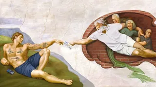 Modern Creation of Adam painting with casual clothes and tattoos
