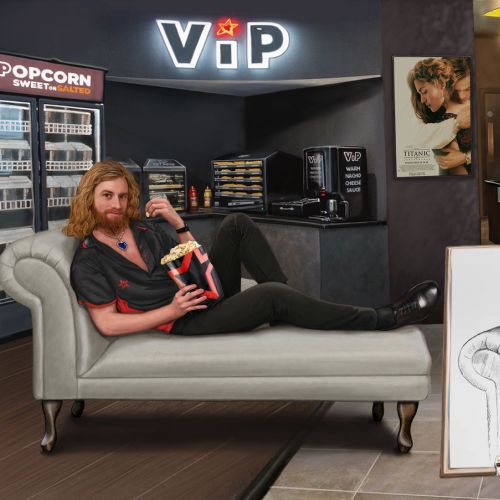 Man relaxing on chaise lounge while artist draws his portrait in cinema