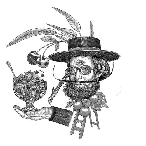 Surreal illustration of a bearded man with vegetables, cherries, and a ladder
