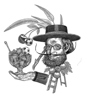 Surreal illustration of a bearded man with vegetables, cherries, and a ladder
