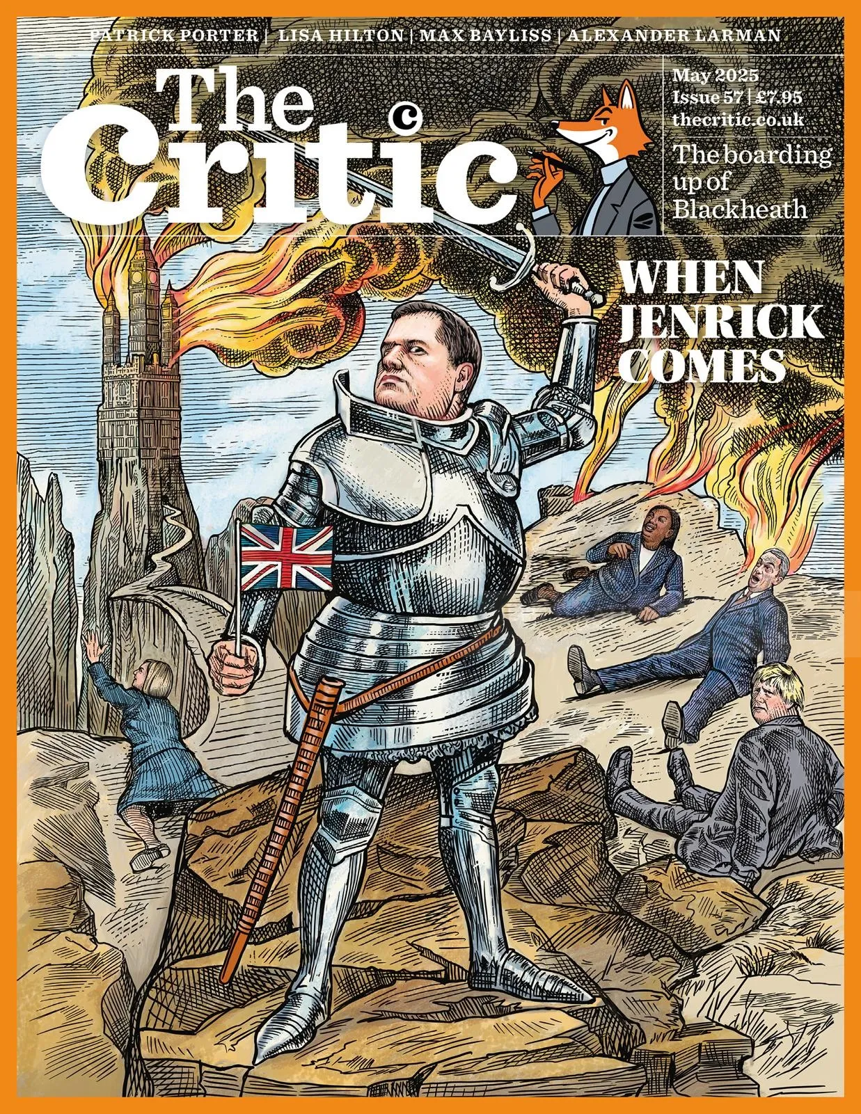 Illustration of Tory-heroism for The Critic magazine May cover