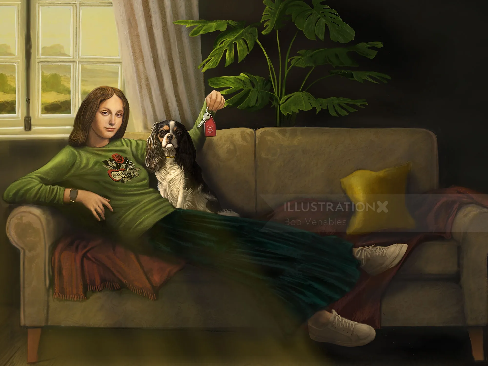 Woman sitting on sofa with dog beside her in a warm lit room
