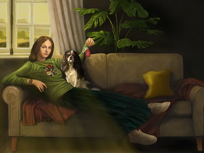 Woman sitting on sofa with dog beside her in a warm lit room