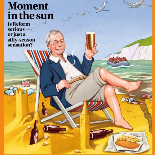 Man relaxing on beach chair with drink, bottles, and fish and chips on sand.