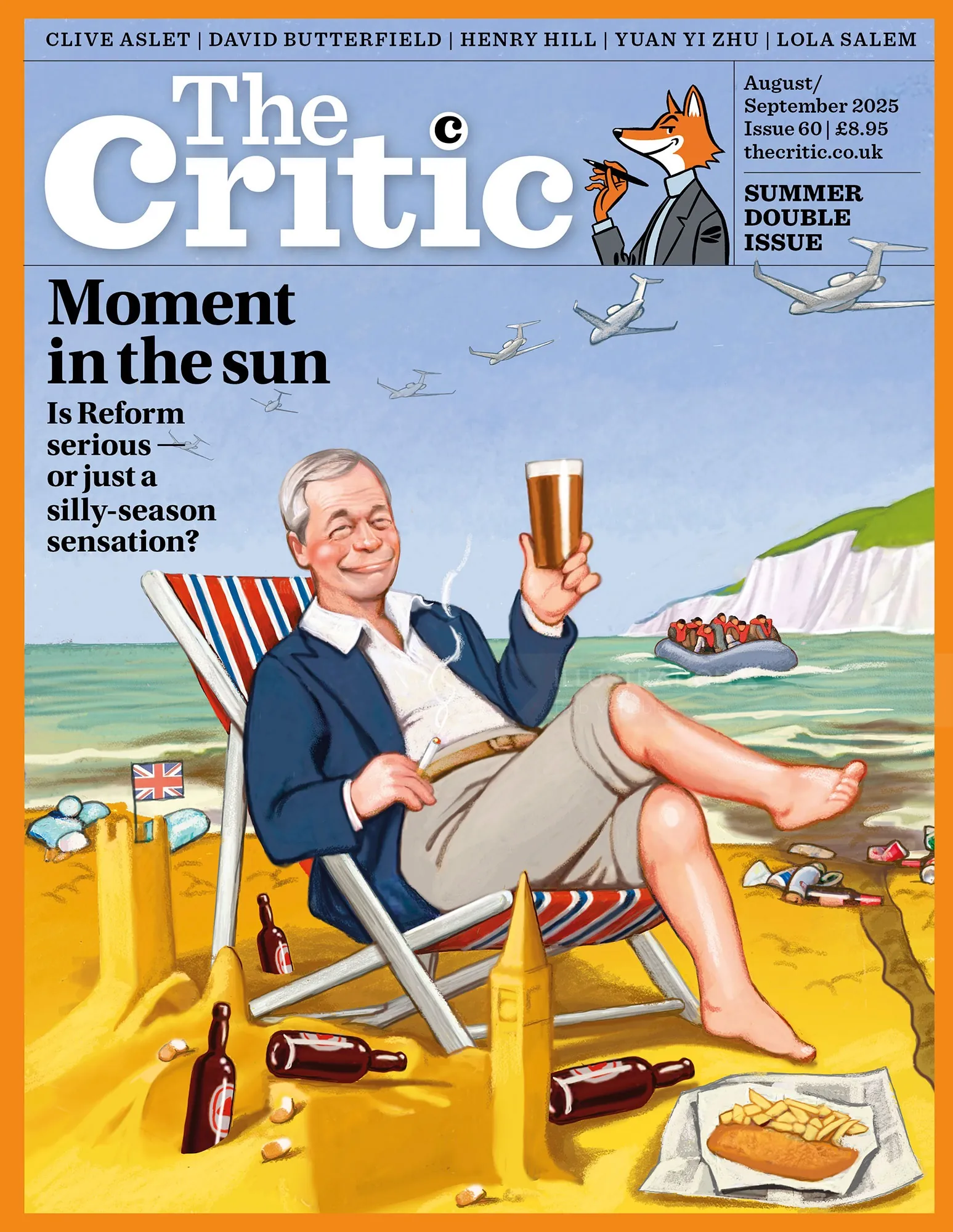 Man relaxing on beach chair with drink, bottles, and fish and chips on sand.
