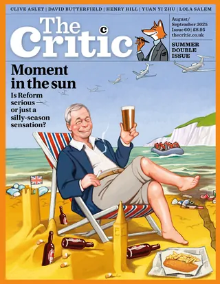 Man relaxing on beach chair with drink, bottles, and fish and chips on sand.
