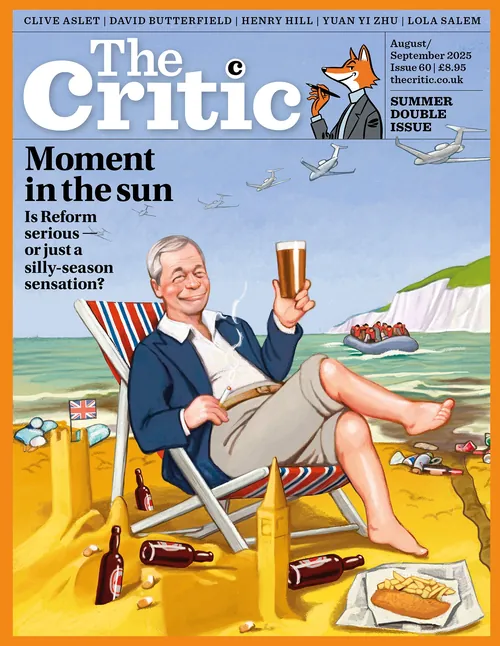 Man relaxing on beach chair with drink, bottles, and fish and chips on sand.