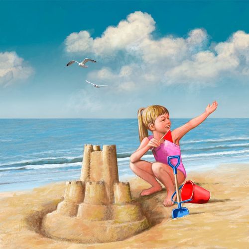 Young girl building sandcastle on beach, man sitting on chair