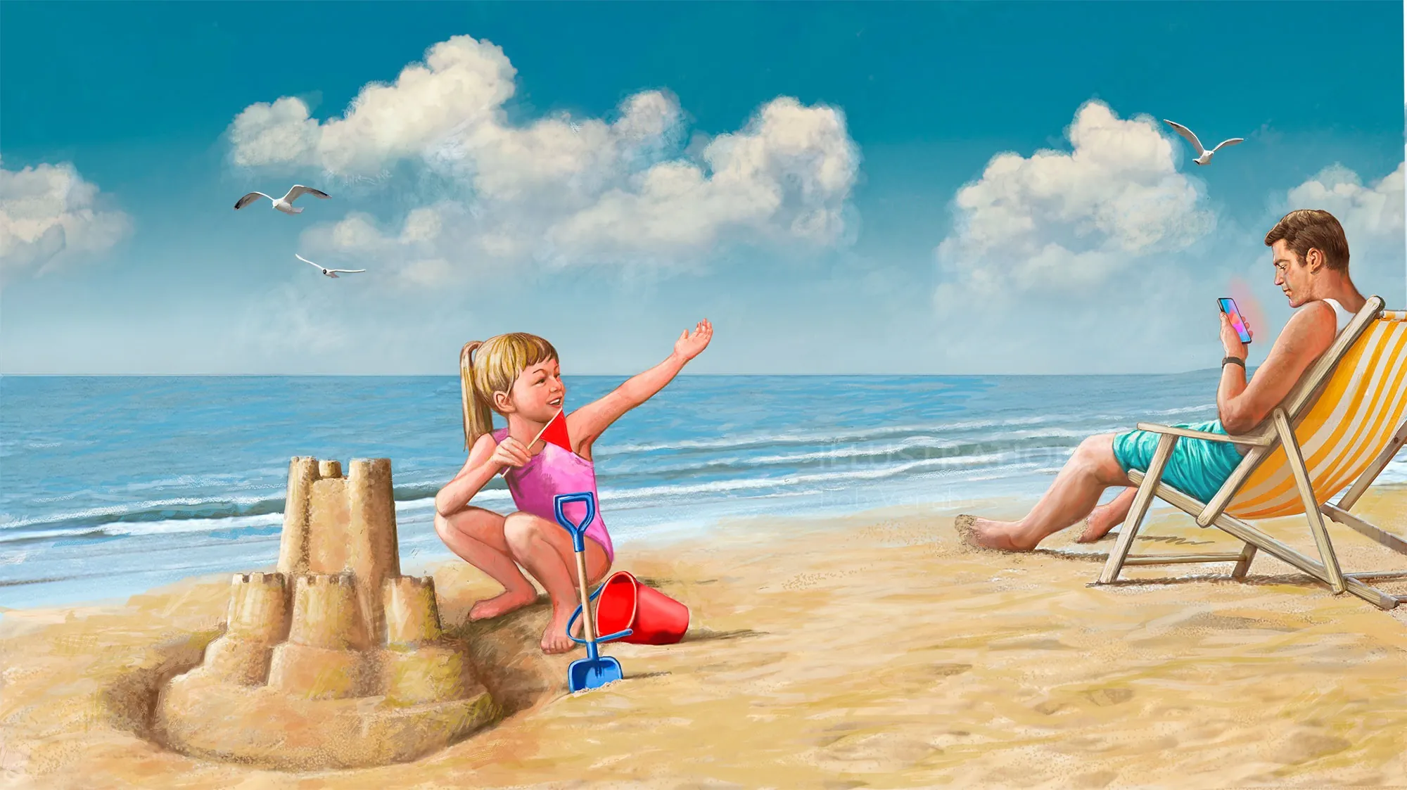 Young girl building sandcastle on beach, man sitting on chair