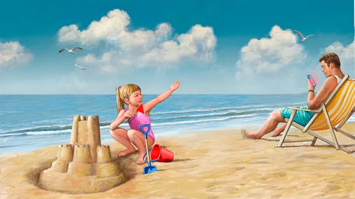 Young girl building sandcastle on beach, man sitting on chair
