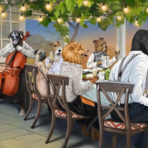 Anthropomorphic animals at elegant outdoor dinner party with live music.