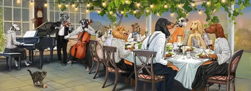 Anthropomorphic animals at elegant outdoor dinner party with live music.