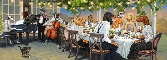 Anthropomorphic animals at elegant outdoor dinner party with live music.