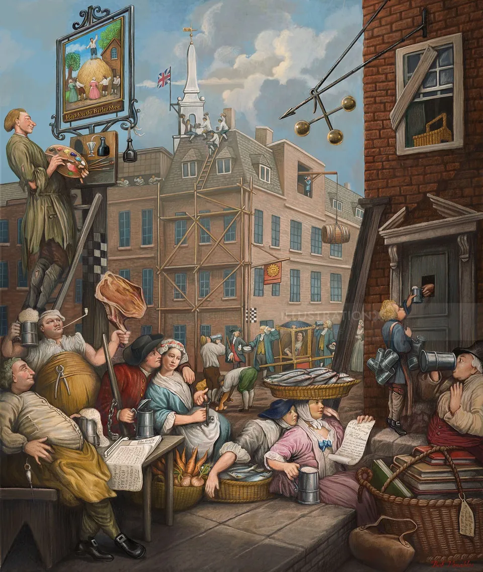 18th century town street scene with people and activities by Bob Venables