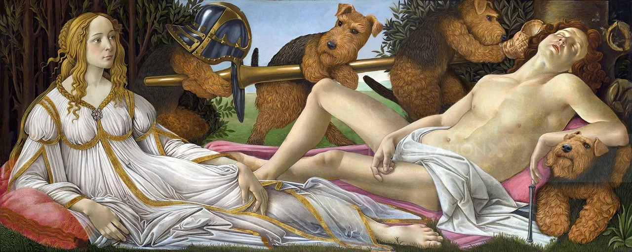 Classical woman reclining with bears around her by Bob Venables