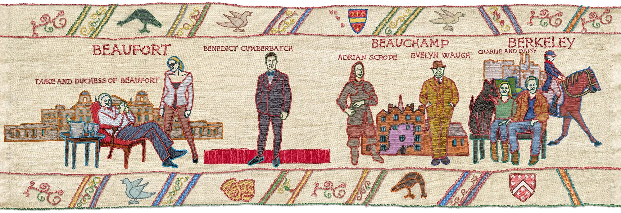 Bob Venables embroidered panel showing labeled historical figures and heraldic motifs