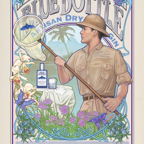 Blue Bottle Artisan Dry Gin poster design
