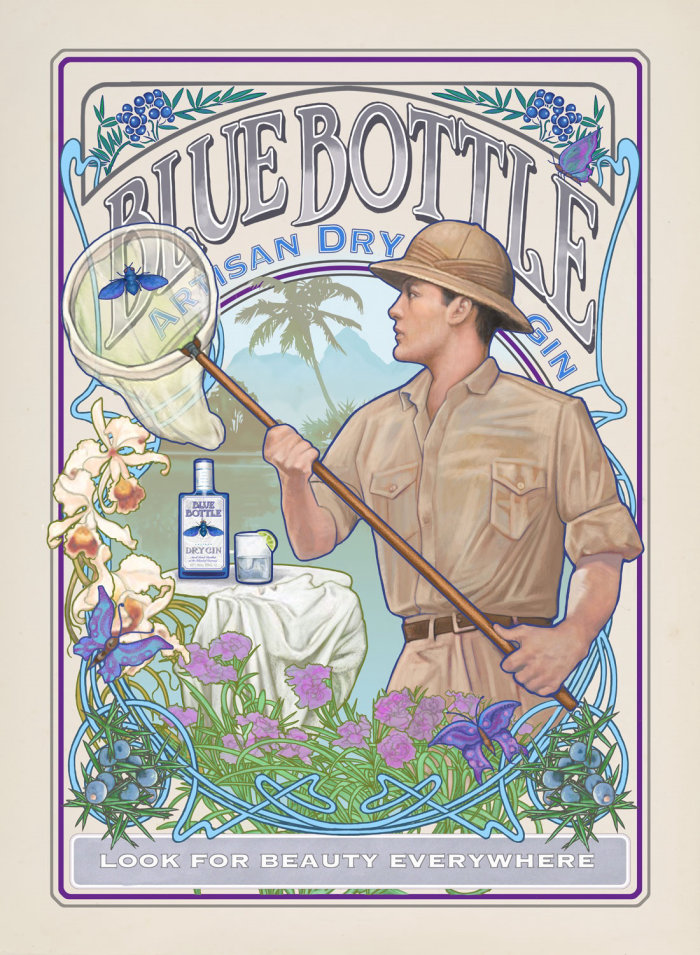 Blue Bottle Artisan Dry Gin poster design