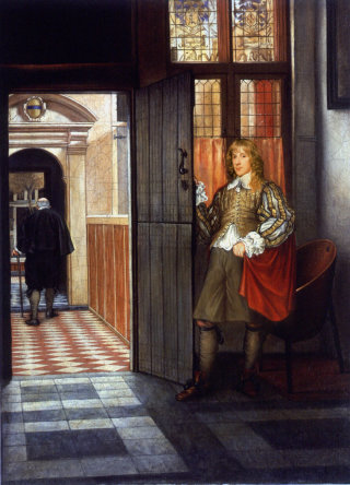 Hombre con abrigo redingote pintando