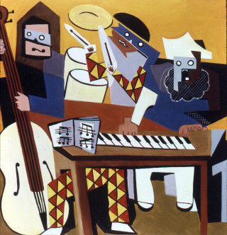 Ilustração abstrata de pessoas aprendendo música e pintura