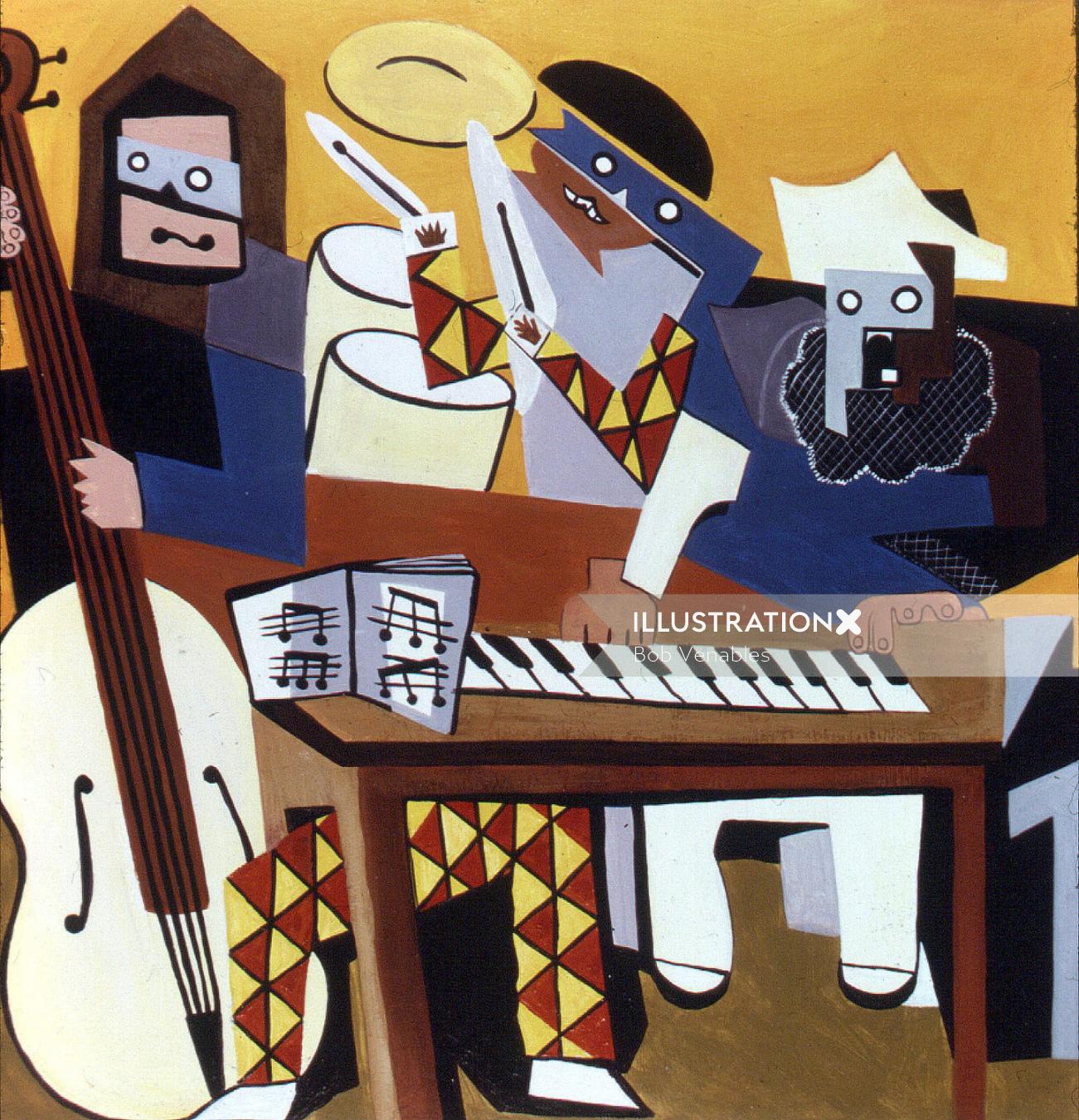 Ilustração abstrata de pessoas aprendendo música e pintura