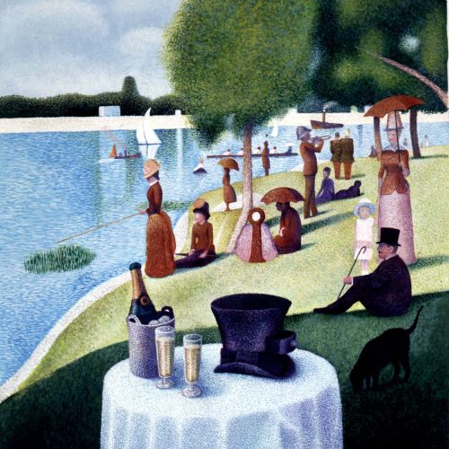 People relaxing at riverside pastiche illustration