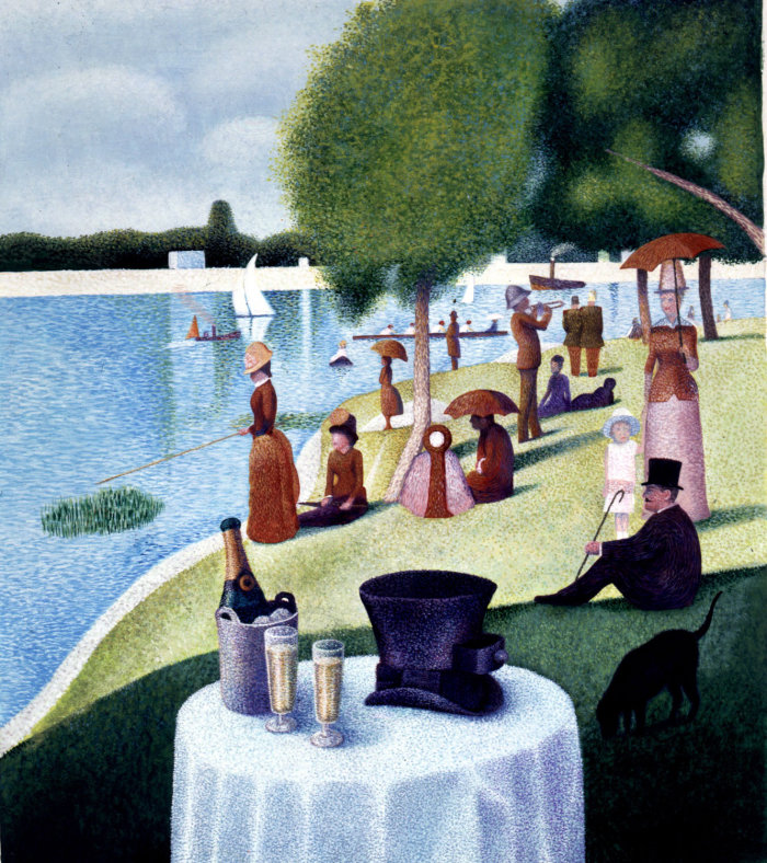 People relaxing at riverside pastiche illustration