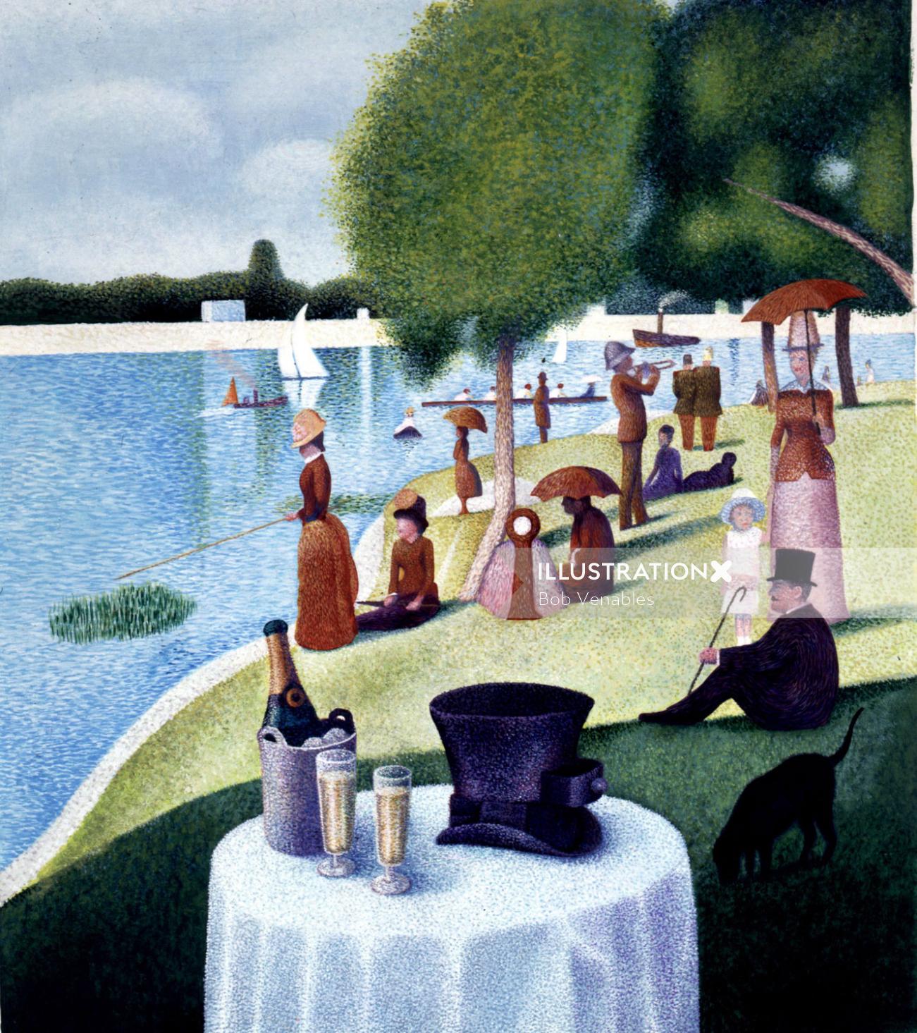 Pessoas relaxando na ilustração de pastiche à beira do rio