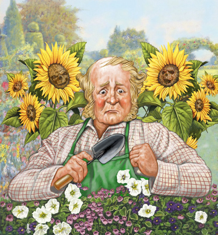 Old Lady working in garden realistic art