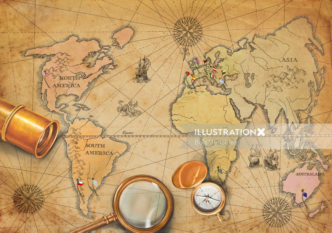 Ilustração do mapa mundial por Bob Venables