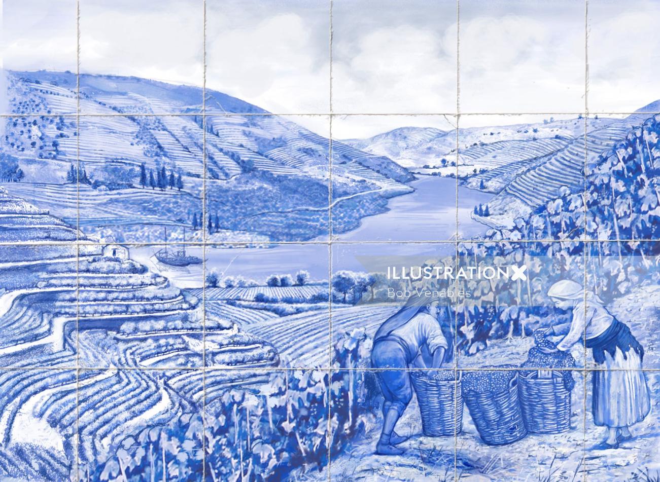 Pintura acrílica de paisagem de vinhedo